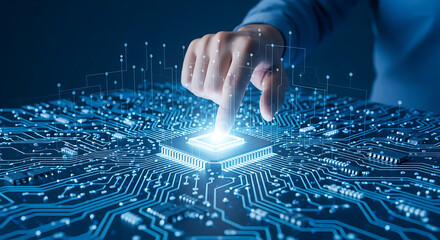 Hand touching a glowing microchip on a complex blue circuit board representing advanced technology and artificial intelligence development now and in the future