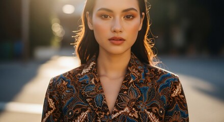 Stylish Woman in a Patterned Blazer Outdoors.