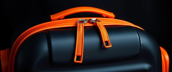 Bright orange zipper pulls against a dark suitcase background,  color,  rough