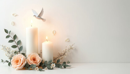 Elegant funeral flyer features burning candles, soft peach roses, green foliage, delicate white flowers. White dove takes flight against serene, muted background, peace, remembrance. Ideal for