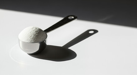 Scoop of creatine monohydrate powder with shadow on white background