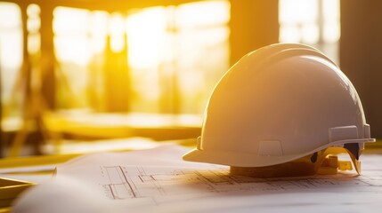 Construction Safety: Hard Hat on Blueprints