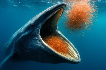A massive Blue Whale (Balaenoptera musculus), the largest animal on Earth, lunges through a dense swarm of krill for feeding.
