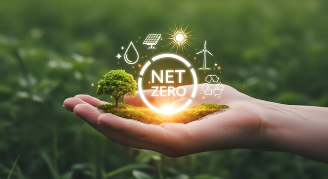 Nurturing a sustainable future, a hand holds a thriving tree and net zero concepts.