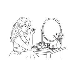 Black and white line art of a beautiful woman doing makeup at dressing table with mirror illustration