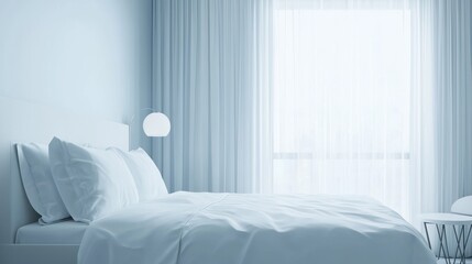 Serene Minimalist Bedroom: White Bedding, Sheer Curtains, and Natural Light