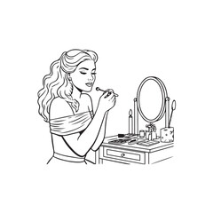 Black and white line art of a beautiful woman doing makeup at dressing table with mirror illustration