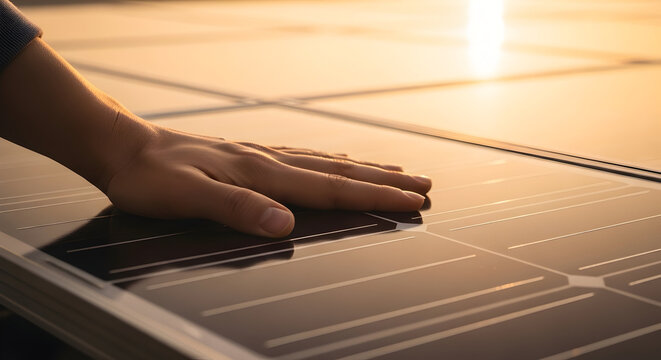 Gentle hand touches solar panel at sunset, embracing clean energy future