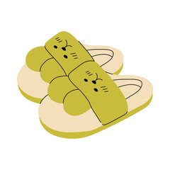 Cute slippers set. Home slipper for kids, isolated footwear collection. Warming house accessories, adult shoes racy vector clipart. Stylish modern design of shoes for women and children.