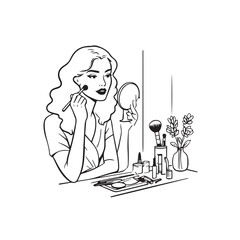 Black and white line art of a beautiful woman doing makeup at dressing table with mirror illustration