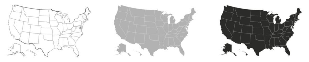 Vector illustration of United States map with state borders in three styles: outline, filled, and silhouette. Editable flat design suitable for geography, infographic, education, travel.