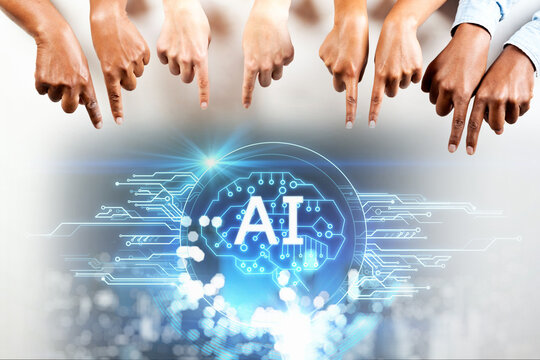 people hand pointing AI technology digital graphic design black background, AI machine learning hands of robot science and artificial intelligence technology innovation and futuristic - Powered by Adobe