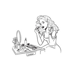 Black and white line art of a beautiful woman doing makeup at dressing table with mirror illustration