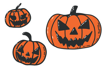 Three Halloween Pumpkins With Carved Faces In Bright Orange Colors For Festive Decorative Use. Three carved pumpkins with bold, expressive faces in vivid orange tones create a playful to spooky Hallow