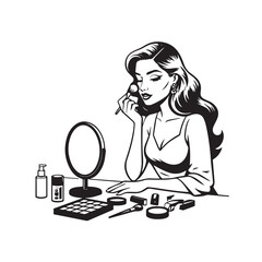 Black and white line art of a beautiful woman doing makeup at dressing table with mirror illustration