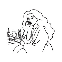 Black and white line art of a beautiful woman doing makeup at dressing table with mirror illustration