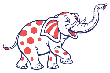 Cartoon Elephant with Red Spots, Striped Ears, and Raised Trunk on White Background