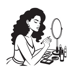 Black and white line art of a beautiful woman doing makeup at dressing table with mirror illustration