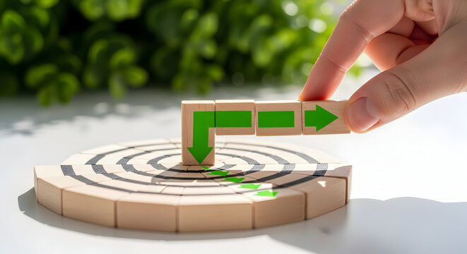 Strategic path creation with wooden blocks and green arrows