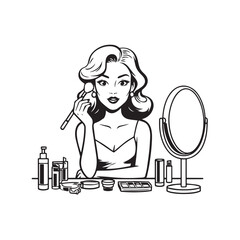 Black and white line art of a beautiful woman doing makeup at dressing table with mirror illustration