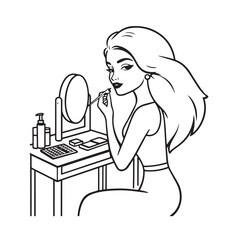 Black and white line art of a beautiful woman doing makeup at dressing table with mirror illustration