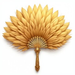 Elegant golden feather fan with ornate handle. Intricate design, luxurious style. Crafted from numerous soft feathers, accessory offers touch of vintage glamour, sophistication. Perfect for