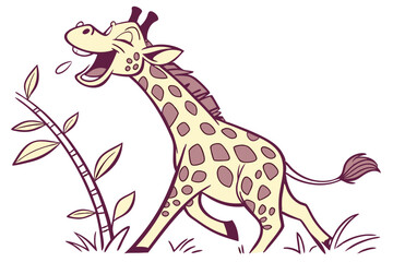 Cartoon Giraffe Eating Leaves on White Background, Joyful Mascot