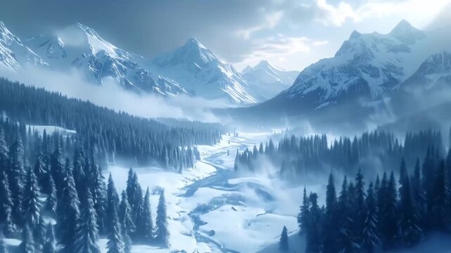 Snowy Mountain Valley Landscape with River and Evergreen Trees