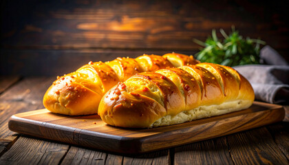 Garlic bread loaf on wooden board with rustic background