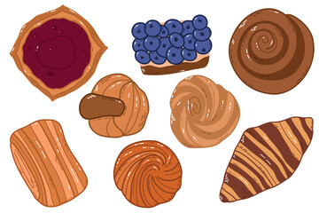 Assorted Pastries and Desserts Including Berry Tart, Croissant, Cinnamon Roll, and Danish Pastry. A colorful collection of bakery treats featuring berry tart, blueberry pastries, croissants, cinnamon 
