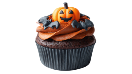 Halloween chocolate cupcake with pumpkin decoration isolated on transparent background