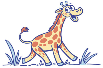 Cartoon Giraffe Walking In The Grass, Happy Animated Style, On White Background