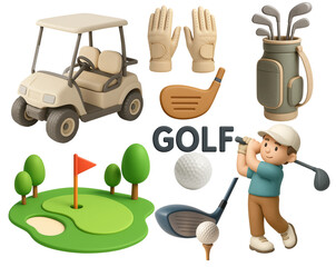 3D Golf Icon Collection – Golfer, Clubs, Cart, Gloves, Course Elements