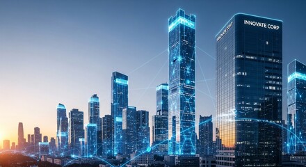 Futuristic Smart City Skyline at Dusk Networked Buildings and Digital Connections