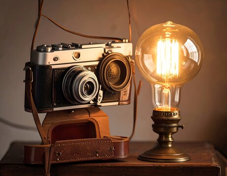 Vintage camera and warm light