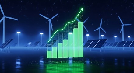 Glowing Green Growth Chart with Upward Arrow Over Wind Turbines and Solar Panels at Night
