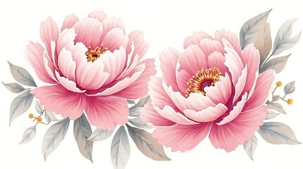 Obraz premium Two Elegant Pink Peony Flowers with Grey Leaves on White Background