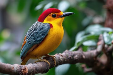 Obraz premium Colorful bird perched on branch in green foliage