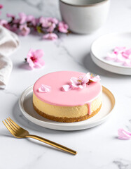 Cheesecake with pink glaze, flower petal garnish