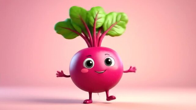 Cartoon beetroot character with green leaves on a light pink background