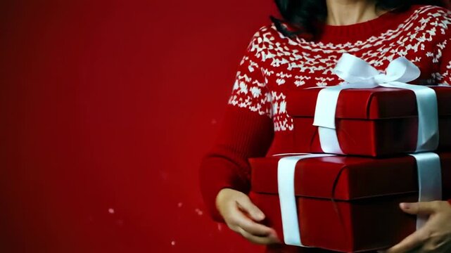 Joyful woman in festive sweater carries stacked holiday gifts, radiating warmth and seasonal cheer