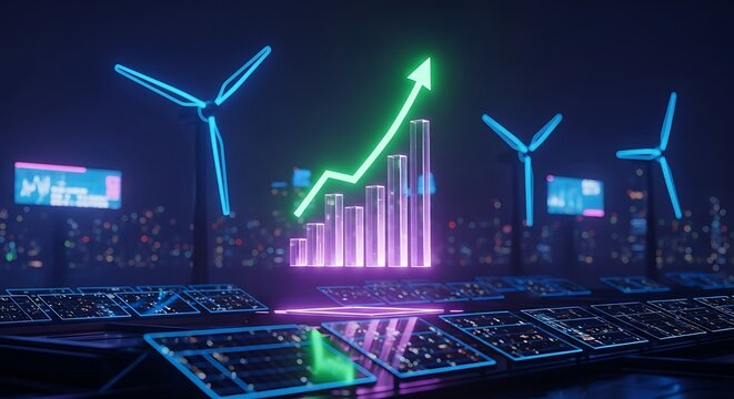 Renewable Energy Growth: Wind Turbines, Solar Panels, and Rising Graph in a Cityscape