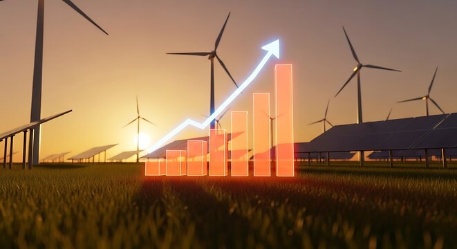 Renewable Energy Growth: Wind Turbines, Solar Panels, and Glowing Bar Chart at Sunset.