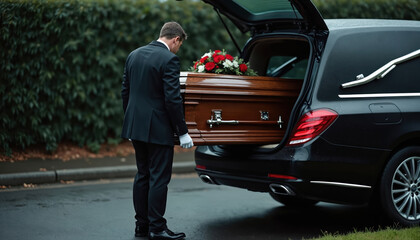 Funeral director in dark suit and gloves carefully loads wooden coffin with flower arrangement into black hearse. Solemn scene outdoors on overcast day, symbolizing respect and last journey.