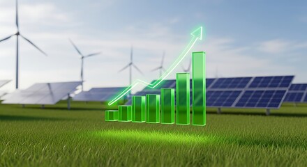 Upward trend graph symbolizing growth in renewable energy with solar panels and wind turbines.