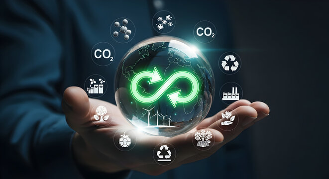 Sustainable future concept showing circular economy, renewable energy, and CO2 reduction