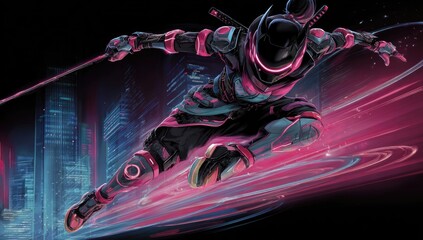 A cyberpunk ninja, clad in sleek pink and black armor, glides across a futuristic cityscape, leaving vibrant trails of light.  Their katana extends before them in a dynamic pose