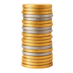 Tall stack of gold and silver coins isolated on transparent background