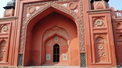 Obraz premium Intricate Red Architectural Details of an Ancient Cultural Building