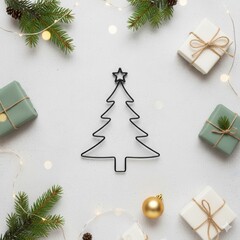 A Minimalist Christmas flat lay: ภาพจัดวางแบบ Flat lay ของต้นคริสต์มาสลวดสีดำ กล่องของขวัญสีเขียวมิ้นต์และสีขาวเชือกป่าน กิ่งสน และไฟประดับบนพื้นหลังสีขาว